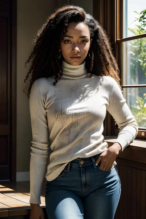 Sonequa Martin-Green, dark skin, long curly hair, wearing a turtleneck, jeans, looking at viewer, serious, portrait, indoors, extreme detail, hdr, realistic quality, analog, <lora:locon_sonequamartingreen_v1_from_v1_64_32:.8>