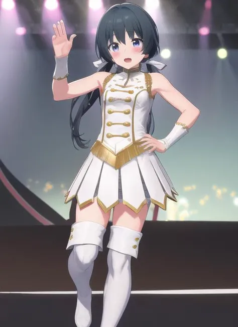 ((masterpiece)), ((ultra quality)), ((highres)), ((illustration)), ((perfect anatomy)), dishelved hair, ((extremely detailed face)), ((hyper detailed hand)), head to knee, standing, 1girl, solo, <lyco:OkuyamaSumire:0.6>, okuyama sumire, teenage, trinity aile, idol, ((white thigh boots)), open mouse, blush, up her right arms, index her right hand, put her left hand on hip, stage