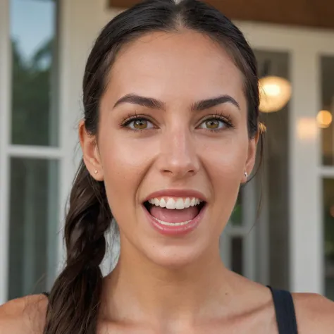 (Very close shot, zoomed in close-up face portrait:1.5) photo of a shouting, (perfect teeth:1.3) disgusted stunning athletic young 28 year old Israeli woman with long straight pigtails black hair light brown wide eyes, square face, prominent nose, defined jaw, thin mouth, full brows, tall chin, (large breasts:1.3), toned ass.
turned towards camera. Modern style, inside a patio , residential neighborhood visible through window, midnight.
cinematic lighting, vibrant colors, detailed skin texture, detailed cloth texture, beautiful detailed perfect face, intricate sharp details, ultra high res