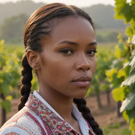 (Very close shot, zoomed in close-up face portrait:1.5) photo of a frowning, (closed mouth:1.5) 31 year old (Zimbabwe:1.3) woman with medium brunette pigtails hair, brown eyes.
side profile to the right at a vineyard, afternoon, foggy.
cinematic lighting, vibrant colors, detailed skin texture, detailed cloth texture, beautiful detailed perfect face, intricate sharp details, ultra high res