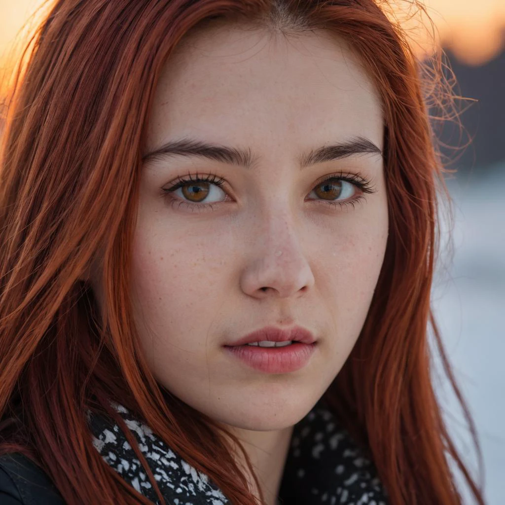 (Very close shot, zoomed in close-up face portrait:1.5) photo of a thinking, (closed mouth:1.5) happy young 21 year old (punk:1.3) (Kazakhstan:1.3) woman with long red hair, amber eyes.
looking down at a meadow, night, snowing.
cinematic lighting, vibrant colors, detailed skin texture, detailed cloth texture, beautiful detailed perfect face, intricate sharp details, ultra high res