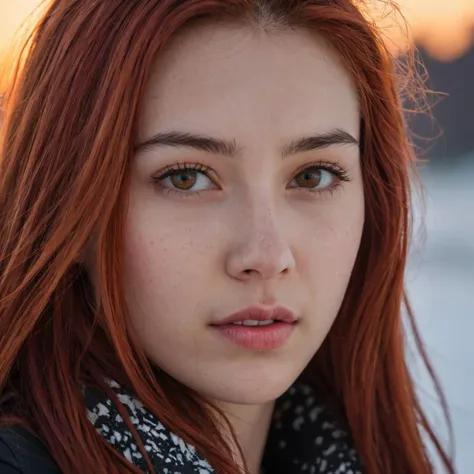 (Very close shot, zoomed in close-up face portrait:1.5) photo of a thinking, (closed mouth:1.5) happy young 21 year old (punk:1.3) (Kazakhstan:1.3) woman with long red  hair, amber eyes.
looking down at a meadow, night, snowing.
cinematic lighting, vibrant colors, detailed skin texture, detailed cloth texture, beautiful detailed perfect face, intricate sharp details, ultra high res