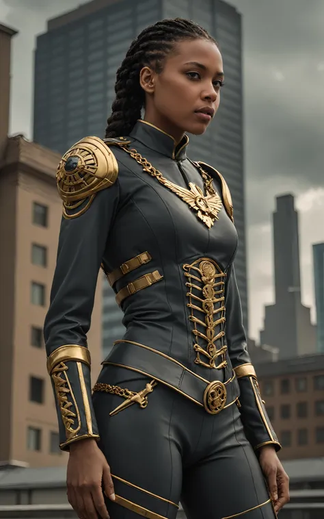 (style of Annie Leibovitz),(intense dramatic lighting),((dark-skinned woman in sci-fi military-style uniform standing in front of mechatank)),sharp angles,embellished with intricate gold braiding and medals,commanding posture,(dystopian cityscape in the background),ominous clouds,deep shadows,sense of urgency and power