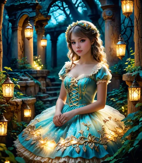 photorealistic, highly detailed Fantasy Photo of a girl wearing a sweetop dress, posing amidst ancient ruins in a mystical forest, bathed in the soft glow of fairy lights, shot from a high angle, creating a magical and otherworldly atmosphere. full body shot <lora:sweetlolitaxlv3_5:1.0>