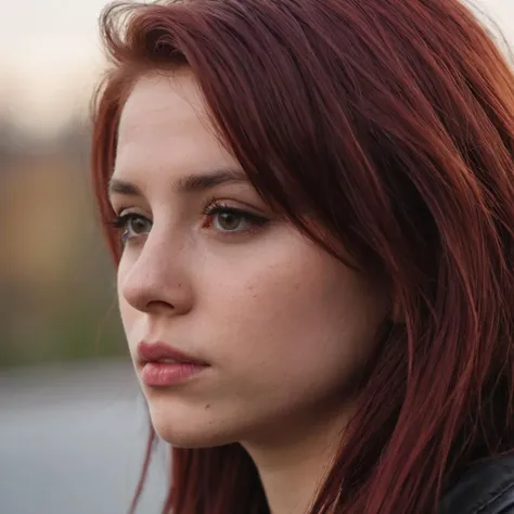 (Very close shot, zoomed in close-up face portrait:1.5) photo of a pondering, (closed mouth:1.5) curious young 18 year old (punk:1.3) (Canadian:1.3) woman with long burgundy  hair, hazel eyes.
side profile to the left at a metropolis, afternoon, misty.
cinematic lighting, vibrant colors, detailed skin texture, detailed cloth texture, beautiful detailed perfect face, intricate sharp details, ultra high res