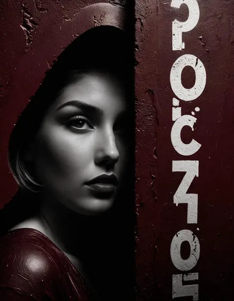 monochromatic art designed by Fernand Fonssagrives and Karl Blossfeldt, high contrast art, [Insensitive:Hateful:2] curvy woman peeking out of the grafitti on the wall, black and maroon background, Very wide view, Realistic, side lit, <lora:ral-sun-sdxl:1.0>