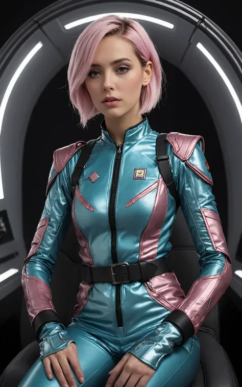 (over the shoulder:1.1), movie still,side view, spaceship cockpit, beautiful young skinny auburn caucasian adult woman sitting in spaceship cockpit looking over shoulder at viewer, glowing holographic instruments,(beautiful face:1.11),from behind, smart fabric jumpsuit:1.3,lightweight structured jacket with sharp geometric lines, utility belt, knee-high boots, fingerless gloves,(large spaceship cockpit with highly polished flooring and stellar view),backlit hair,perfect face,(pale freckles:0.6),(black and silver accents),perfect eyes,(studio lighting:0.3),low key, thin pouting lips,(white bob hair, ombre++ hair:1.2),wide set soft+ turquoise++ eyes, skin pores,(small retrousse nose:1.2), (pale skin),ultra detailed,(Intricate Environment)++,best quality, masterpiece, dramatic angle, highest detailed face,eyelid shimmer makeup,silver eyeshadow,iridescent cheekbones,muted rose lips,deep space blue, BREAK, starlight silver, nebula pink, and black hole black, planetary rings, asteroid clusters, geometric shapes, angular contours,Holographic control panels, chiaroscuro effects, reflective surfaces, star-filled skies, distant galaxies,Chrome finishes, brushed steel, shimmering surfaces, iridescent materials, Minimalist design, clean lines, modernistic details,8k,best quality,masterpiece,(large breasts:0.9)