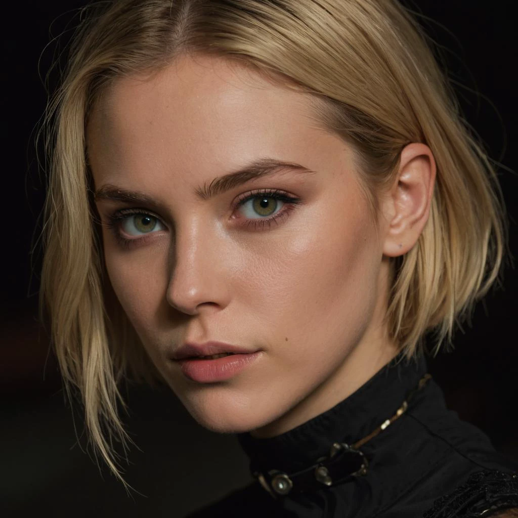 (Very close shot, zoomed in close-up face portrait:1.5) photo of a pondering, (closed mouth:1.5) ecstatic young 23 year old (goth:1.3) (Oceanic:1.3) woman with short blonde hair, green eyes.
side profile to the left at a workshop, evening, dark.
cinematic lighting, vibrant colors, detailed skin texture, detailed cloth texture, beautiful detailed perfect face, intricate sharp details, ultra high res