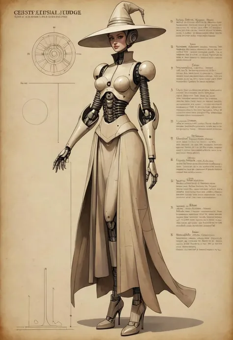 (full body young woman, wide hips, narrow waist, sundress, , very high platform heels, stiletto high heels):.8, BREAK ( ON PARCHMENT,ink on parchment, Character Design Sheet,a Celestial judging robot drawn on parchment,robotic hat,robe,detailed text annotation,detailed description of each part of the character, Celestial judge robot ):3