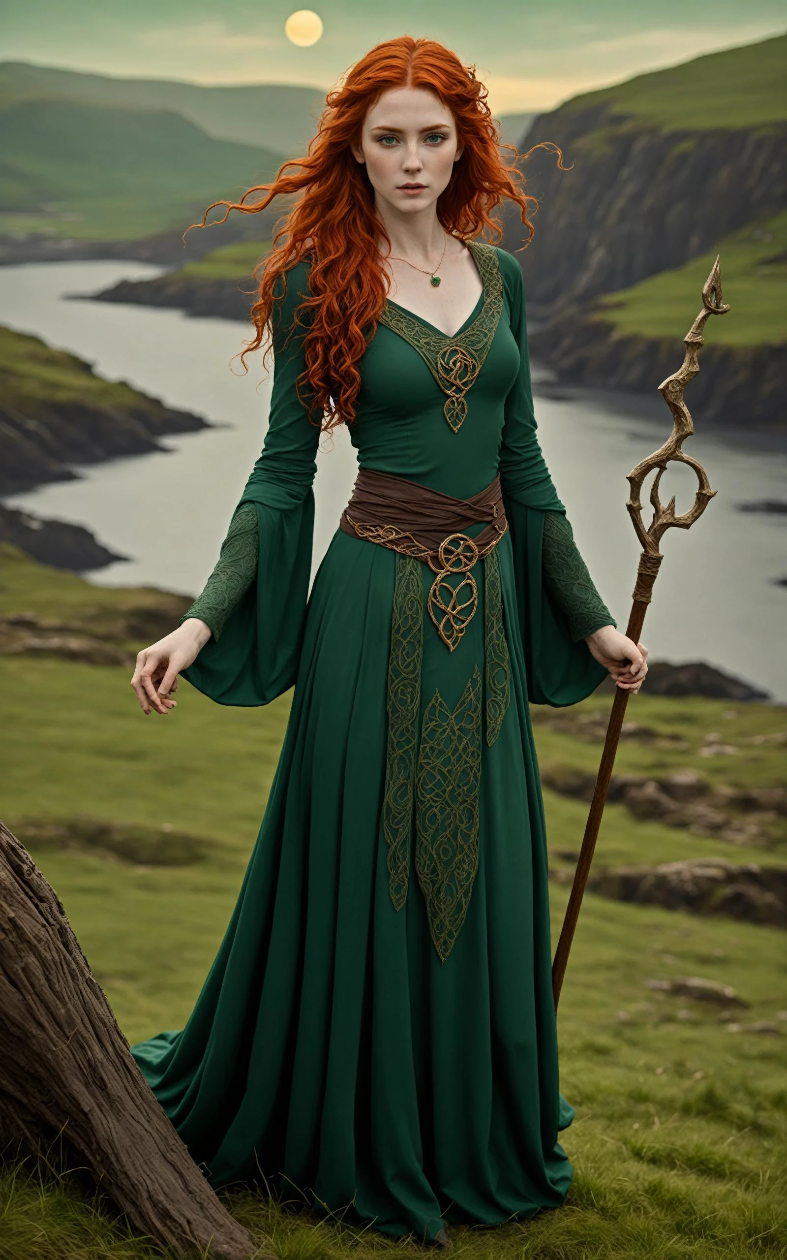 SimplePositiveXLv2, outdoor Scottish highlands, vivid sunset hues, fantasy setting. A striking redhead woman, (distinctly Scottish), wearing an elaborate elven inspired gown is a fusion of deep emerald green and earthy browns, with intricate Celtic knotwork embroidery in gold thread, Flowing sleeves, a fitted bodice+, short skirt , fiery red hair is styled in a cascade of loose curls, green eye, stands atop a grassy knoll, overlooking a misty loch. In her hands, she holds an ancient, rune carved staff, emanating a soft, other worldly glow.,