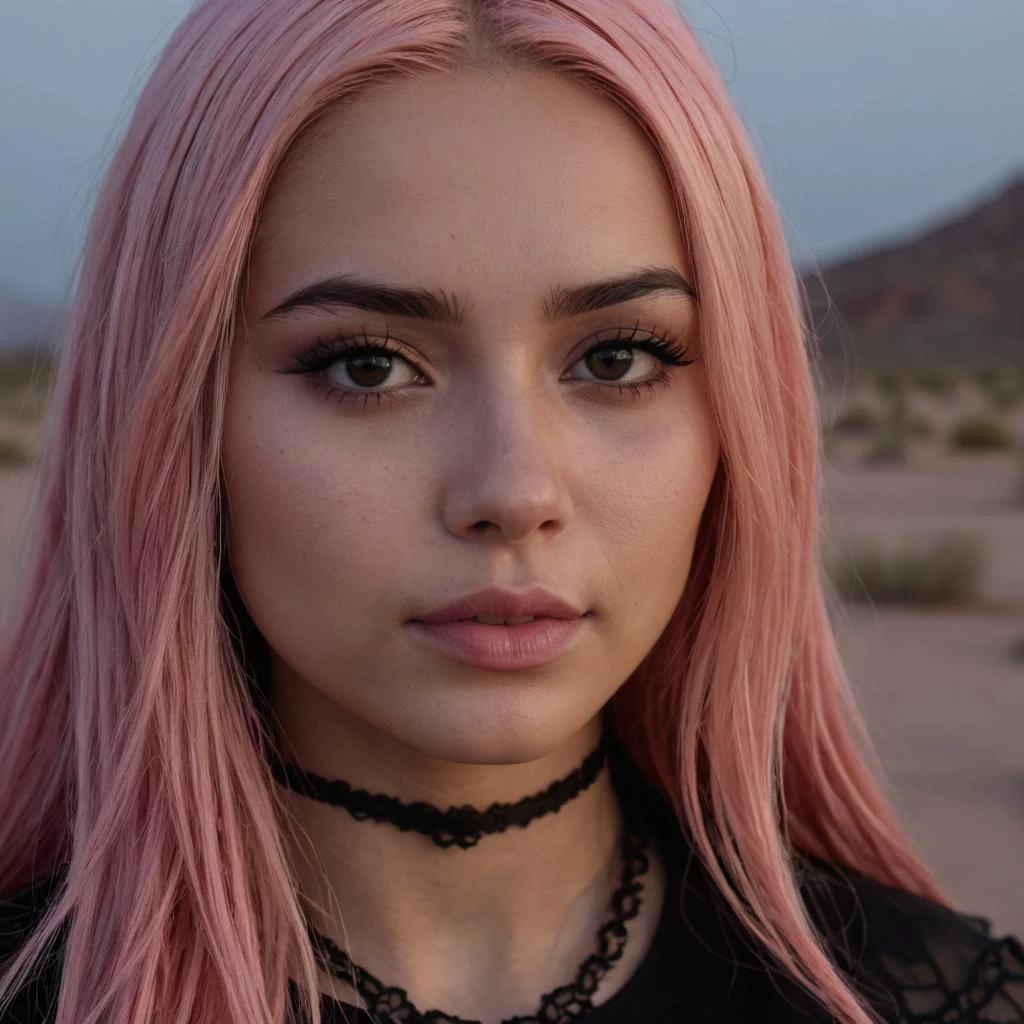 (Very close shot, zoomed in close-up face portrait:1.5) photo of a smirking, (closed mouth:1.5) shy young 19 year old (goth:1.3) (Mexican:1.3) woman with long pink hair, dark grey eyes.
looking up at a desert, midnight, foggy.
cinematic lighting, vibrant colors, detailed skin texture, detailed cloth texture, beautiful detailed perfect face, intricate sharp details, ultra high res
