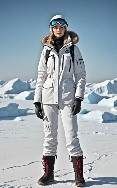 SimplePositiveXLv2, (25 years old, small perky covered breasts, cleavage, skinny, slender, young woman:1.2), (Oval-shaped face, luminous complexion, Bright almond-shaped eyes, Arched defined eyebrows, retroussé nose, bow-shaped lips:1.2), (style of Richard Avedon), Antarctic expedition, frozen pristine landscape, rugged snowy mountains icebergs backdrop, ((dramatic explorer high-fashion outfit)), thermal yet stylish parka, fur-lined hood, sleek waterproof pants, chunky elegant snow boots, layered thermal wear, ((striking pose)), amidst blizzard clear sky , vibrant contrast against white snow, ((accessories)), high-tech goggles, leather gloves, vintage compass, ((ambience)), harsh serene winter light, ((model)), confident stance, ((expression)), determined, adventurous, ethereal resilient beauty, (color scheme: bold blues, icy whites, and pops of color)