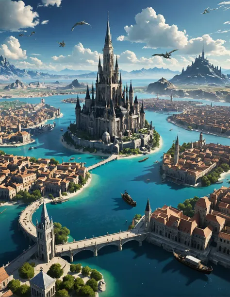 A breathtaking, panoramic view of the floating city of Altissia from Final Fantasy XV. Rendered in the style of a detailed Final Fantasy XV screenshot with vibrant colors, intricate architecture, and a bustling atmosphere. Include gondolas gliding along canals, airships soaring through the sky, and the iconic Citadel towering in the distance.