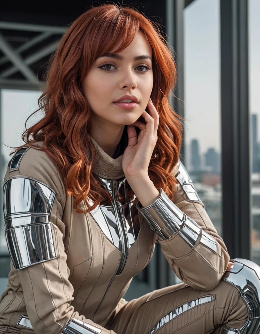 (Futuristic high tech scifi style:1.5)
(close shot, zoomed in upper body portrait:1.3) photo of a giggling, (closed mouth:1.5) aroused tall 21 year old (Jordanian:1.5) woman with medium wavy bangs red hair, hazel eyes, (large breasts:1.3), big ass, (perfect hands:1.3).
She is wearing (futuristic scifi:1.5) tan gauze sweater and pants, boots.
She is provocatively crouching facing perpendicular to camera, (inside:1.1) in a (futuristic utopian:1.5) (residential neighborhood:1.3) with (sleek metal walls:1.1), (chrome art deco details:1.1), glass panels and displays, (high technology:1.1), evening, dark.
detailed skin texture, detailed cloth texture, beautiful detailed perfect face, intricate sharp details, ultra high res