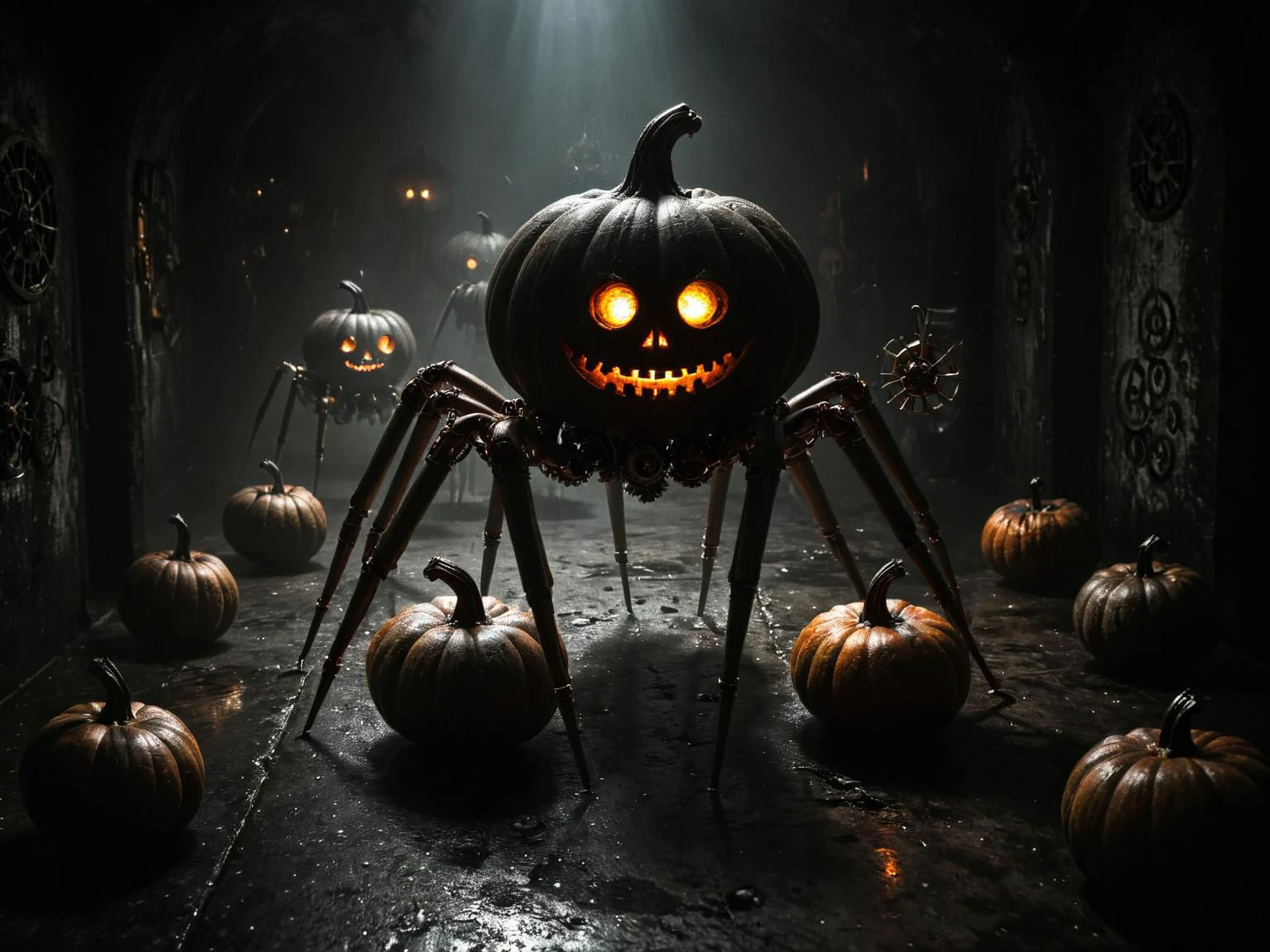(wide angle photography:1.2), (whole body:1.5), shot, (full body photo:1.1), realistic analog photo,dark, darkness,
steampunk, scary arachnoid punpkins, multiple small metal pumpkins with glowing eyes, mounted on (metal arachnoid legs:1.2), steam punk style, crawling around in a dark cave,steampunk, gears,steampunknoireai,
epic realistic, faded, ((neutral colors)), art, (hdr:1.5), (muted colors:1.2), hyperdetailed, (artstation:1.5), cinematic, warm lights, dramatic light, (intricate details:1.1), complex background, (rutkowski:0.8), by Blizzard entertainment
, (mysterious atmosphere:1.1), (low luminosity:1.2), in the dark, obscurity, (mist:1.3), lot of candy on floor, candies on the floor,
, realistic, depth of field, highres, 4k, 8k, intricate detail, amazing quality, wallpaper, <lora:RMSDXL_Enhance:1>, <lora:dark:0.4> <lora:RMSDXL_Darkness_Cinema:1> <lora:Into_Darkness:0.8><lora:sdxl_cyberpunk:0.5> <lora:steampunk_xl_v2:1.2> <lora:SteamPunkNoireAI:0.5> <lora:steampunkXL:0.5>, realistic skin texture, detailed skin pores, skin hair, skin looks real, hi rez skin details