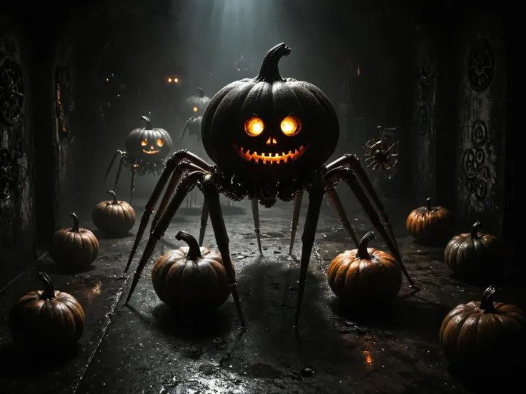 (wide angle photography:1.2), (whole body:1.5), shot, (full body photo:1.1), realistic analog photo,dark, darkness,
steampunk, scary arachnoid punpkins, multiple small metal pumpkins with glowing eyes, mounted on (metal arachnoid legs:1.2), steam punk style, crawling around in a dark cave,steampunk, gears,steampunknoireai,
epic realistic, faded, ((neutral colors)), art, (hdr:1.5), (muted colors:1.2), hyperdetailed, (artstation:1.5), cinematic, warm lights, dramatic light, (intricate details:1.1), complex background, (rutkowski:0.8), by Blizzard entertainment
, (mysterious atmosphere:1.1), (low luminosity:1.2), in the dark, obscurity, (mist:1.3), lot of candy on floor, candies on the floor,
, realistic, depth of field, highres, 4k, 8k, intricate detail, amazing quality, wallpaper, <lora:RMSDXL_Enhance:1>,  <lora:dark:0.4> <lora:RMSDXL_Darkness_Cinema:1> <lora:Into_Darkness:0.8><lora:sdxl_cyberpunk:0.5> <lora:steampunk_xl_v2:1.2> <lora:SteamPunkNoireAI:0.5> <lora:steampunkXL:0.5>, realistic skin texture, detailed skin pores, skin hair, skin looks real, hi rez skin details