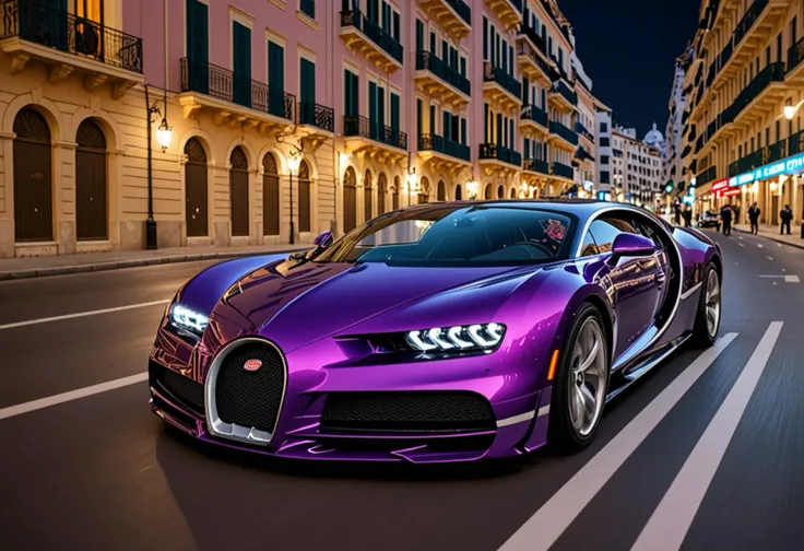 Digital illustration of a purple Bugatti tearing through the Monaco highway at night, closely pursued by a squadron of police cars. The scene unfolds under the cover of darkness, with the city's luxurious lights providing a vibrant backdrop. The Bugatti's glossy purple exterior reflects the neon glows of Monaco's nightlife as it dashes past landmarks and through tunnels, its engine's roar echoing in the night. Police lights flash in a rhythmic pattern, casting a red and blue hue over the scene, adding urgency to the chase. The contrast between the high-speed luxury car and the determined law enforcement effort creates a gripping narrative of pursuit, set against the nocturnal beauty of Monaco, where the thrill of the chase amplifies the allure of the night.photorealistic, amazing quality, ultra realistic, 3D, HD, best quality, amazing quality, very aesthetic, absurdres, <lora:extremely_detailed:0.8> extremely detailed