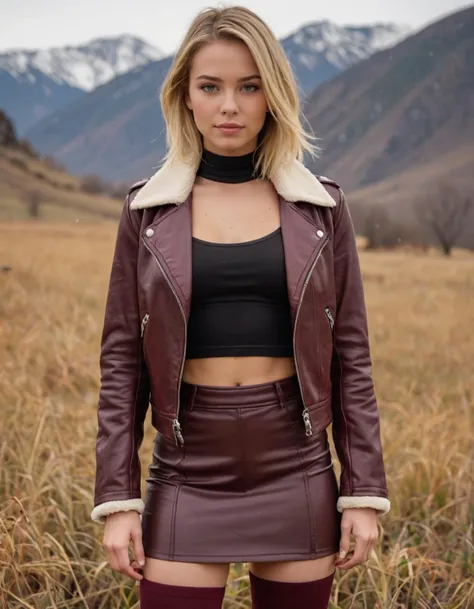 (Very close shot, zoomed in close-up face portrait:1.5) photo of a smiling, (closed mouth:1.5) flirty beautiful weightlifter young 18 year old Hawaiian woman with short straight bohemian blonde hair,. (small breasts:1.3), toned ass.
She is wearing a (maroon leather jacket, skirt, and tights, high heel boots:1.1).
She is slutty leaning facing away from camera, in a field with canyons and small mushrooms in the background. morning, snowing.
cinematic lighting, vibrant colors, detailed skin texture, detailed cloth texture, beautiful detailed perfect face, intricate sharp details, ultra high res