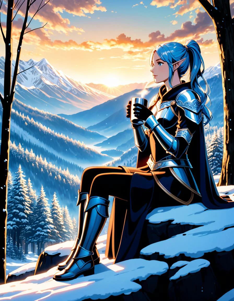 light particles, soft lighting, volumetric lighting, intricate details, 1girl, elf, small breasts, mature, blue long wavy hair, high ponytail, anime style, looks up, astonishment, fantasy armor, cloak, gloves, clouds, fantasy, winter forest, sitting on stone, holding cofee mug, paired composition, dramatic light, detailed, relaxed, silent, loving, whole epic background, <lora:add-detail-xl:2>, <lora:breasts_slider_v2:-5>