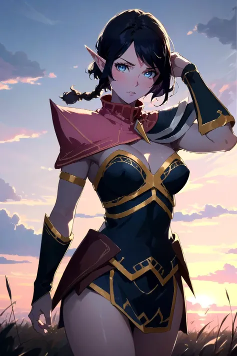 official art, templar assassin, lanaya, 1girl, [muscular], thick thighs, mature, standing, heroic pose, elf ears, low angle view, medium full shot, from below, medium breasts, solo, short hair, long braid, shoulder armor, bright blue eyes, melancholy, evening, sunset, pink clouds, tall grass, (pink tones), best quality, (masterpiece), realistic, 8k illustration
<lora:dotaTemplarAssassin:0.8>