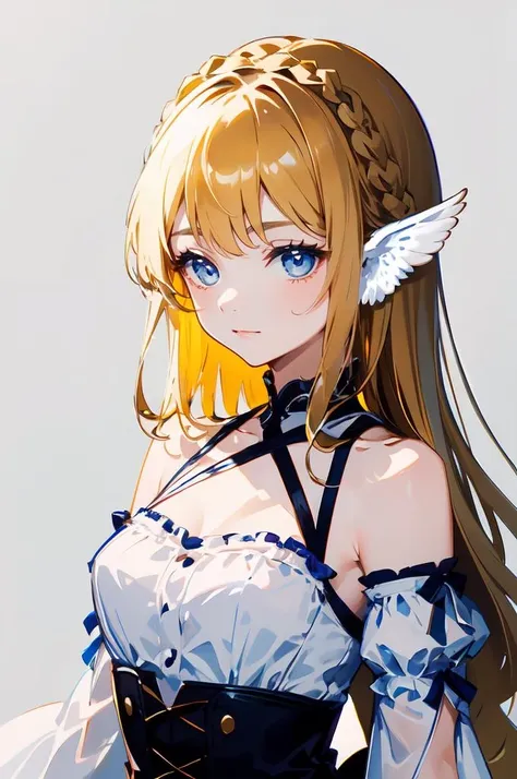 ultra detailed, masterpiece, best quality, soft smile,
1girl, blue eyes, very long hair, blonde hair, long blonde hair, french braid, bangs, medium breasts,
hair ribbon, frilled choker, criss-cross halter, sleeveless dress, high-waist skirt, backless dress, waist bow, detached sleeves, frilled sleeves, wide sleeves, <lora:winged ears:0.7> winged_ears