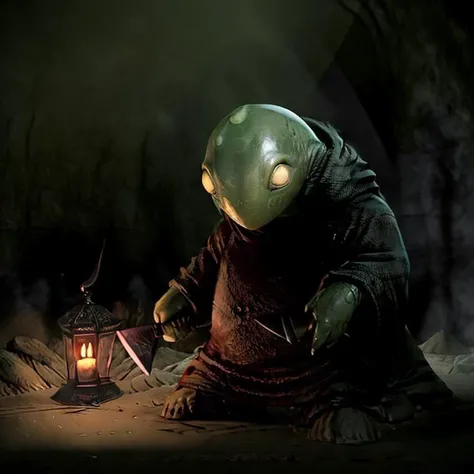 masterpiece dark fantasy photo of tonberry,((holding (knife) and lantern),in a underground cave cloaked,<lora:tonberryv4:0.75>,rpg enemy,