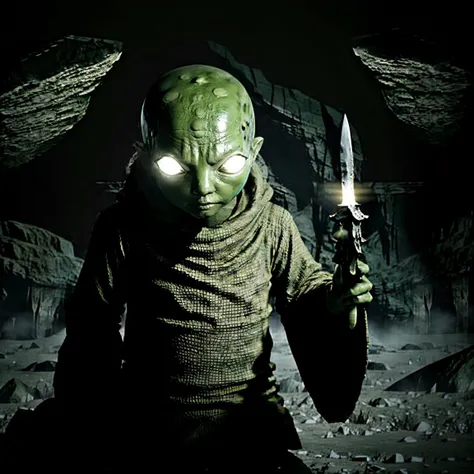 masterpiece eerie fantasy photo of tonberry,showcasing deadly dagger knife in a cave,<lora:tonberryv4:0.67>,eerie shadows,stalactites,solo,dim,front lit,Stalagmite,