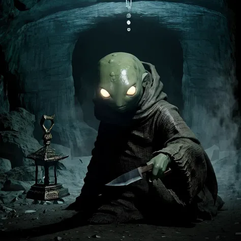 masterpiece eerie fantasy photo of tonberry,showcasing deadly dagger knife in a cave,<lora:tonberryv4:0.67>,eerie shadows,stalactites,solo,dim,front lit,Stalagmite,