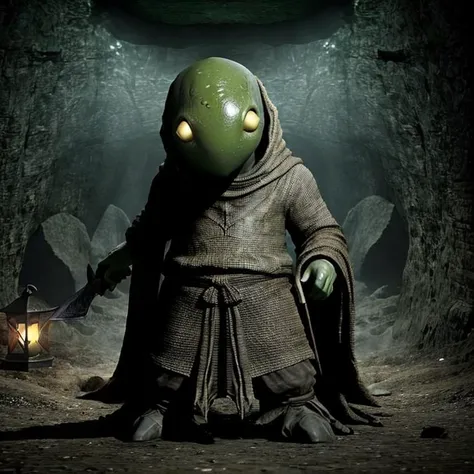 masterpiece dark fantasy photo of tonberry,((holding (knife) and lantern),in a underground cave cloaked,,<lora:tonberryv4:0.5>,,rpg enemy,,