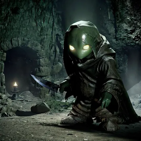 masterpiece fantasy RPG photo of tonberry,(holding knife and lantern),in a underground cave cloaked,,<lora:tonberryv4:0.66>