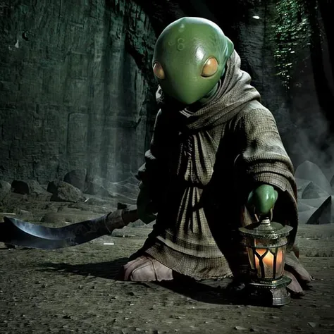 masterpiece fantasy RPG photo of tonberry,(holding knife and lantern),in a underground cave cloaked,,<lora:tonberryv4:0.66>