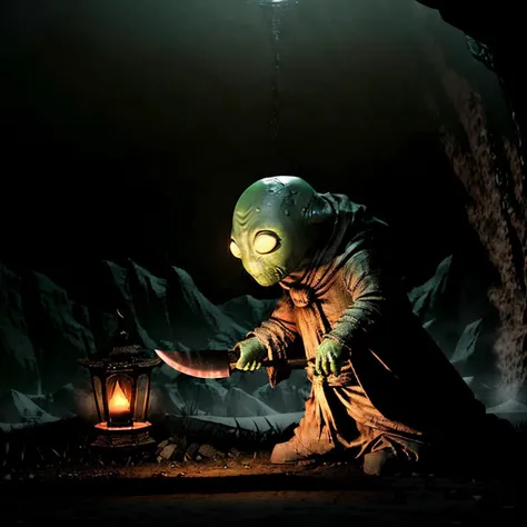 masterpiece eerie fantasy photo of tonberry,showcasing deadly dagger knife in a cave,<lora:tonberryv4:0.67>,eerie shadows,stalactites,solo,dim,front lit,Stalagmite,