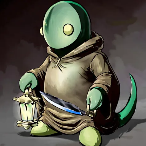 masterpiece anime cartoon of tonberry,(showcasing deadly dagger knife) and lantern,<lora:tonberryv4:0.84>,solo,