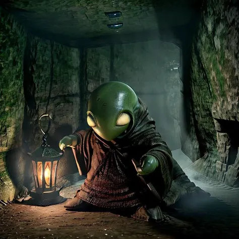 masterpiece eerie fantasy photo of tonberry,showcasing deadly dagger knife in a cave,<lora:tonberryv4:0.67>,eerie shadows,stalactites,solo,dim,front lit,Stalagmite,