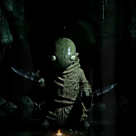masterpiece eerie fantasy photo of tonberry,showcasing deadly dagger knife in a cave,<lora:tonberryv4:0.67>,eerie shadows,stalactites,solo,dim,front lit,Stalagmite,