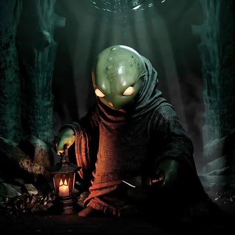 masterpiece eerie fantasy photo of tonberry,showcasing deadly dagger knife in a cave,<lora:tonberryv4:0.67>,eerie shadows,stalactites,solo,dim,front lit,Stalagmite,