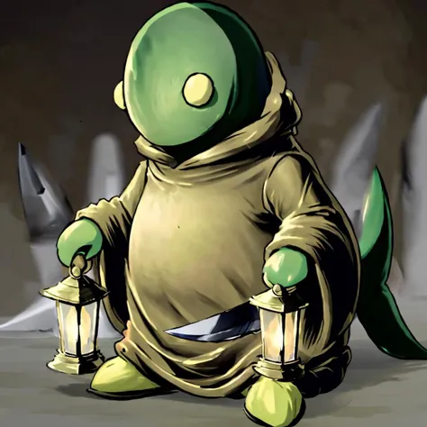 masterpiece anime cartoon of tonberry,(showcasing deadly dagger knife) and lantern,<lora:tonberryv4:0.84>,solo,