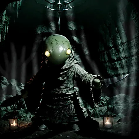 masterpiece eerie fantasy photo of tonberry,showcasing deadly dagger knife in a cave,<lora:tonberryv4:0.67>,eerie shadows,stalactites,solo,dim,front lit,Stalagmite,
