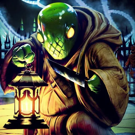 hyperealistic photo of tonberry ((horror villian)),holding knife and lantern,<lora:tonberryv3:1>,