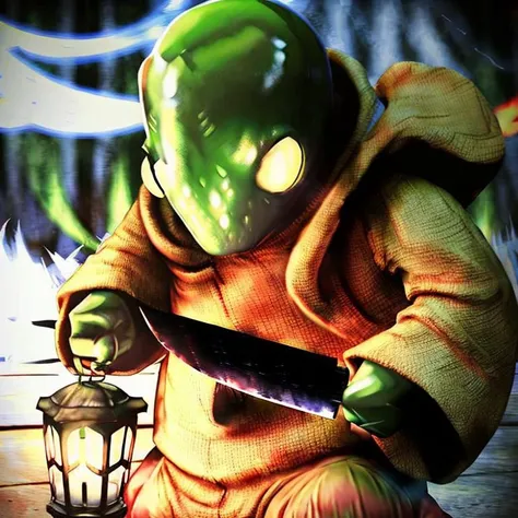 hyperealistic photo of tonberry ((horror villian)),holding knife and lantern,<lora:tonberryv3:1>,