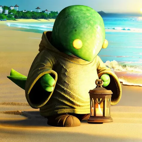 tonberry ((at the beach)),holding knife and lantern,<lora:tonberryv3:1>,