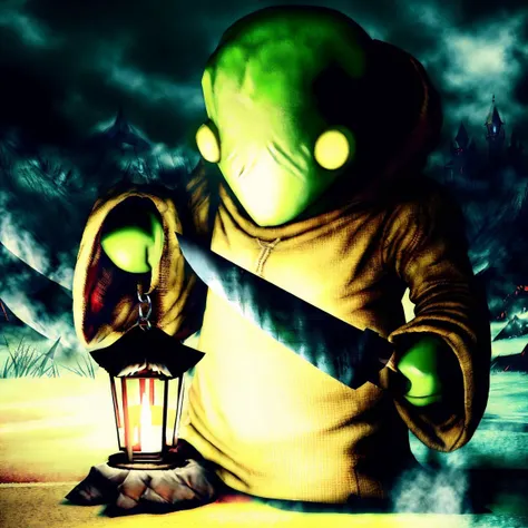 hyperealistic photo of tonberry ((dark fantasy horror)),holding knife and lantern,<lora:tonberryv3:1>,eerie,sinister,macabre,menacingly chilling,unsettling shadows,dreadful,gruesome,desolate,dimly lit,misty,