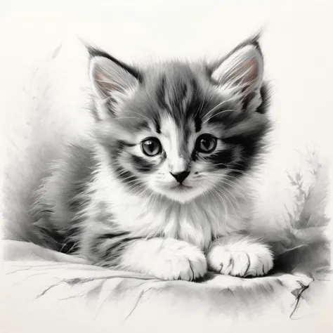 Charcoal drawing, black pencil drawing, pencil drawing, black and white drawing, graphite drawing, studio style shading on a white background from above, small fluffy kitten looking at the viewer, focus on the animal, no people, illustration in the style of Jean Baptiste, Simeon Chardin, Alexey Venetsianov, Camille Corot, Ghibli Genshin Impact studio