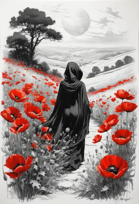 Charcoal drawing, black pencil drawing, pencil drawing, black and white drawing, graphite drawing, studio style shading on white background from above, beautiful lead pencil drawing, Top view. This image is a beautiful and evocative artistic depiction of a figure, a skeletal figure wearing a hooded cloak draped with fabric, among a field of vibrant red poppies and other foliage. The central figure appears ethereal, almost ghostly, and the poppies shimmer in vibrant red hues against the muted tones of the background landscape.. This piece seems to convey a sense of solemn remembrance or reflection amidst the undying beauty of nature.. it is a stunning surreal masterpiece. inspiration Art by Jim Mahfood, Henry Asensio, Greg Rutkowski, Craig Davison, Jenny Saville, Bernie Wrightson, Frank Frazetta,. manga+ style. Studio Ghibli Genshin Impact