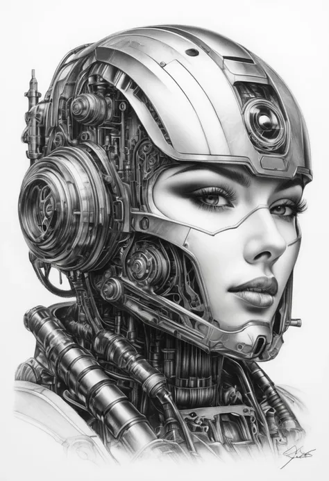 Charcoal drawing, black pencil drawing, pencil drawing, line drawing, black and white drawing, graphite drawing, White background Tattoo sketch, double exposure. high quality, high detail, painting suggests it is a mechanical creation, masterpiece, best quality, ultra realistic details. Science fiction. Robot mechanic in steampunk style