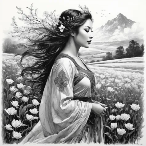 Charcoal drawing, black pencil drawing, pencil drawing, line drawing, black and white drawing, graphite drawing, white background Beautiful double exposure combining the silhouette of the goddess with the spring field, the spring field should serve as the main background, the details of which are included in the goddess, clear lines, The background is monochrome, sharp focus, double exposure, stunning full color mode, style of Jean Baptiste Monge, Thomas Kinkade, David Palumbo, Karn Griffiths