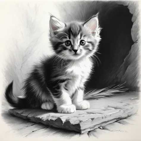 Charcoal drawing, black pencil drawing, pencil drawing, black and white drawing, graphite drawing, studio style shading on a white background from above, small fluffy kitten looking at the viewer, focus on the animal, no people, illustration in the style of Jean Baptiste, Simeon Chardin, Alexey Venetsianov, Camille Corot, Ghibli Genshin Impact studio