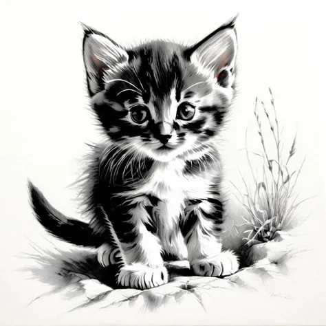 Charcoal drawing, black pencil drawing, pencil drawing, black and white drawing, graphite drawing, studio style shading on white background from above, small kitten looking at viewer, focus on animal, no people, illustration, in the style of Jean Baptiste, Simeon Chardin, Alexey Venetsianov, Camille Corot, Ghibli Genshin Impact studio