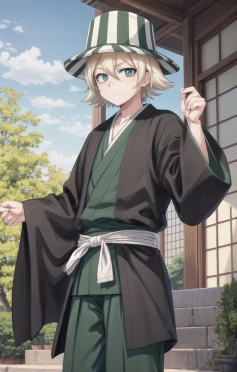 Messy black hair , Green Eyes , Layering , White turtleneck underneath , Wearing a kimono, Layering , Standing on the road in front of the temple , A confident smile , Young Man , Lean Build , Tight-fitting clothing , Genkai Clothing,Facing diagonally to the left,Brush your bangs up with your right hand,Sash