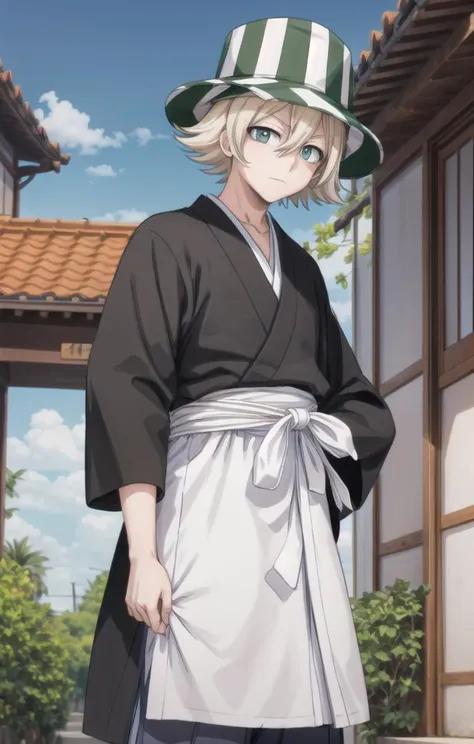 1 boy,more details in eyes,cute,looking at viewer, adorabel boy,cute face,details sky,handsome,young,juvenile, ((masterpiece:1.4,best quality)),multiple details, eyeshadow,sfw, <lora:kisuke:0.5>,
URAHARA KISUKE,BLONDE HAIR, GREY EYES, HAIR BETWEEN EYES, SHORT HAIR,GREEN HAT, STRIPED, BLACK HAORI, GREEN HAKAMA,BENIHIME SWORD